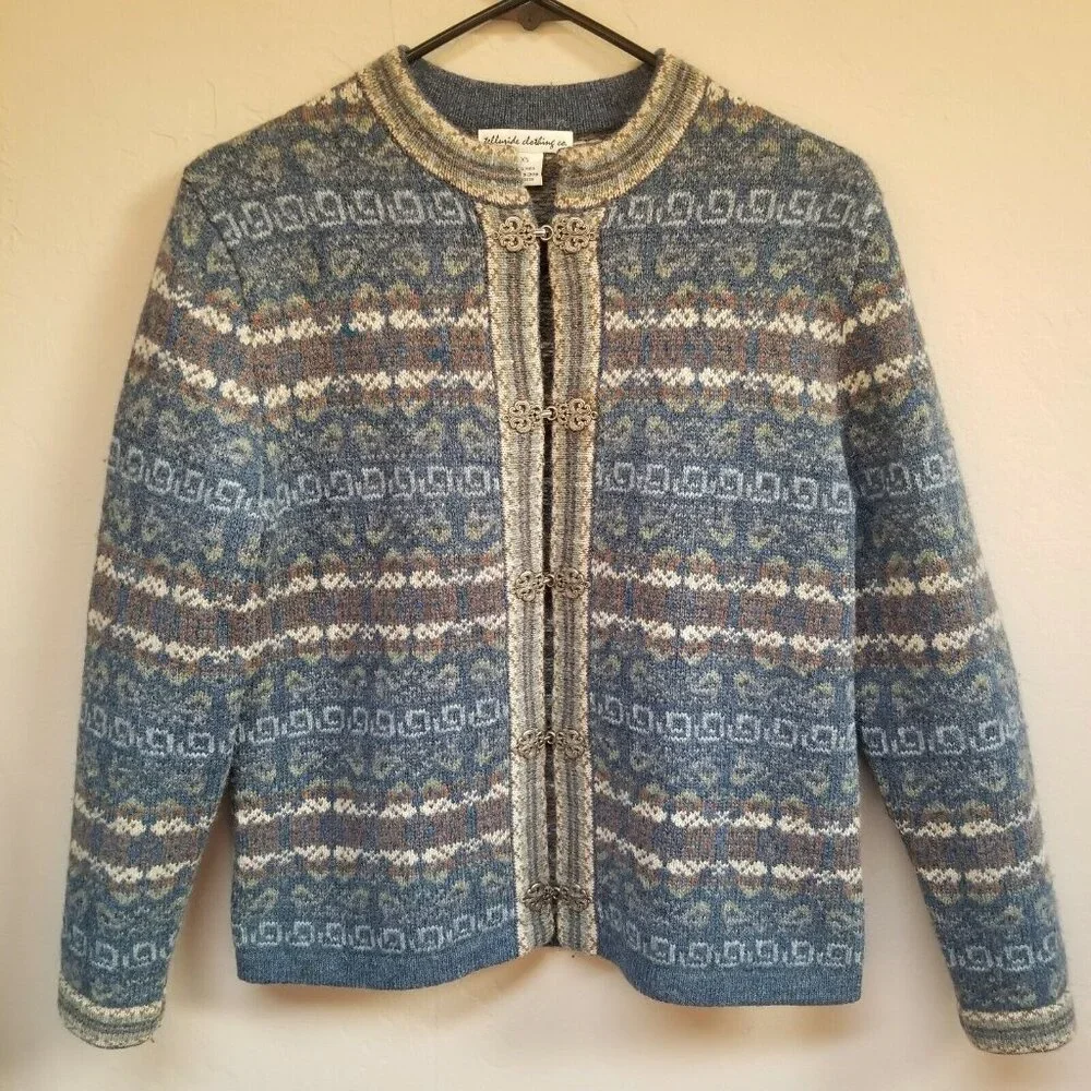 Telluride Clothing Womens XS Wool Fair Isle Cardigan Sweater Blue Chinese Button
